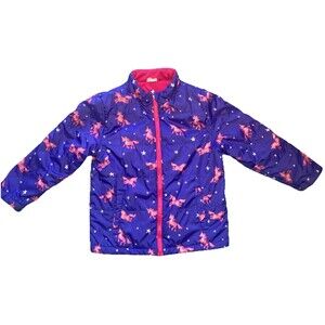 Girls 5t Winter Zippered Fleece Lined Coat Unicorns Purple Pink GUC